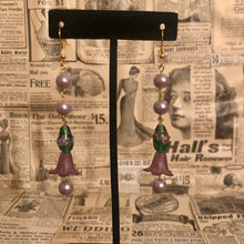 Load image into Gallery viewer, Handmade by Rose, Purple Lucite Bell Flower Pearl Dangle Vintage Venetian Green Floral Wedding Cake Bead Gold Earrings
