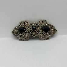 Load image into Gallery viewer, Vintage Metal Hair Barrette Faux Silver Filigree Faux Onyx Plastic Gemstones
