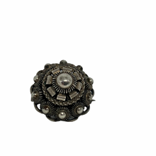 Load image into Gallery viewer, Antique Vintage Victorian Small Solid Silver Circular Silver Bead Cabochon Filigree Brooch Pin
