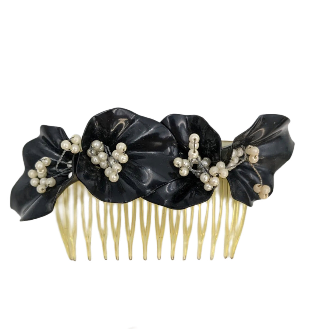 Vintage Black Plastic Double Bow Faux Seed Pearl Decorative Hair Comb