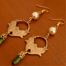 Load image into Gallery viewer, Handmade by Rose, Art Nouveau Style Gold Lilly Flower Vintage Faux Pearl and Peridot Drop Earrings
