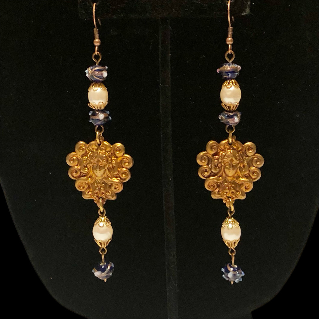 Handmade by Rose Art Nouveau Style Brass Lady Bronze Pearl Drop Blue Floral Venetian Wedding Cake Bead Long Earrings