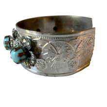 Load image into Gallery viewer, Vintage Middle Eastern Silver Tone Filigree Faux Turquoise Glass Bead Floral Metal Cuff Bracelet
