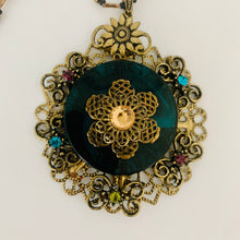 Load image into Gallery viewer, Vintage Brass Tone Dark Green Lucite Disc Brass Flower Filigree Bead Rhinestone Necklace
