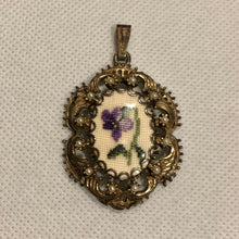 Load image into Gallery viewer, Vintage Jewelry Faux Pearl Needlepoint Purple and Green Flower Brass Tone Cameo Necklace Pendant
