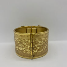 Load image into Gallery viewer, Vtg Signed Miriam Haskell Midcentury Gold Gilt Etched Floral Wide Hinged Cuff Bracelet
