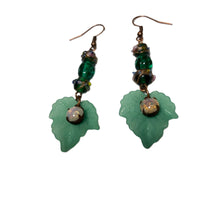 Load image into Gallery viewer, Handmade by Rose Green Leaf Vintage Glass Haskell and Venetian Wedding Cake Floral Beaded Copper Fire Opal Dangle Earrings
