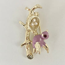 Load image into Gallery viewer, Vtg Gerry’s Purple Enamel Gold Rhinestone Bird on Branch Nest with Faux Pearl Eggs
