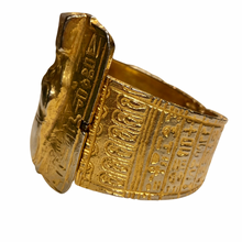 Load image into Gallery viewer, Vintage Jewelry Rare Egyptian Revival Heavy Gold Gilt and Silver Tone Scarab Beetle Hieroglyphic Hinged Cuff Bracelet
