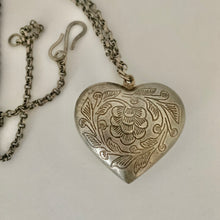 Load image into Gallery viewer, Vintage Silver Tone Floral Flower Filigree Heavy Etched Heart Pendant and Chain
