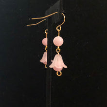 Load image into Gallery viewer, Handmade by Rose, Vintage Beads Pink Bell Flower Haskell Bead Pastel Gold Plated Dangle Spring Earrings
