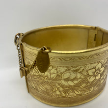 Load image into Gallery viewer, Vtg Signed Miriam Haskell Midcentury Gold Gilt Etched Floral Wide Hinged Cuff Bracelet
