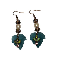 Load image into Gallery viewer, Handmade by Rose Teal Leaf Vintage Baroque Glass Pearl and Purple Venetian Wedding Cake Floral Beaded Copper AB Charm Dangle Earrings
