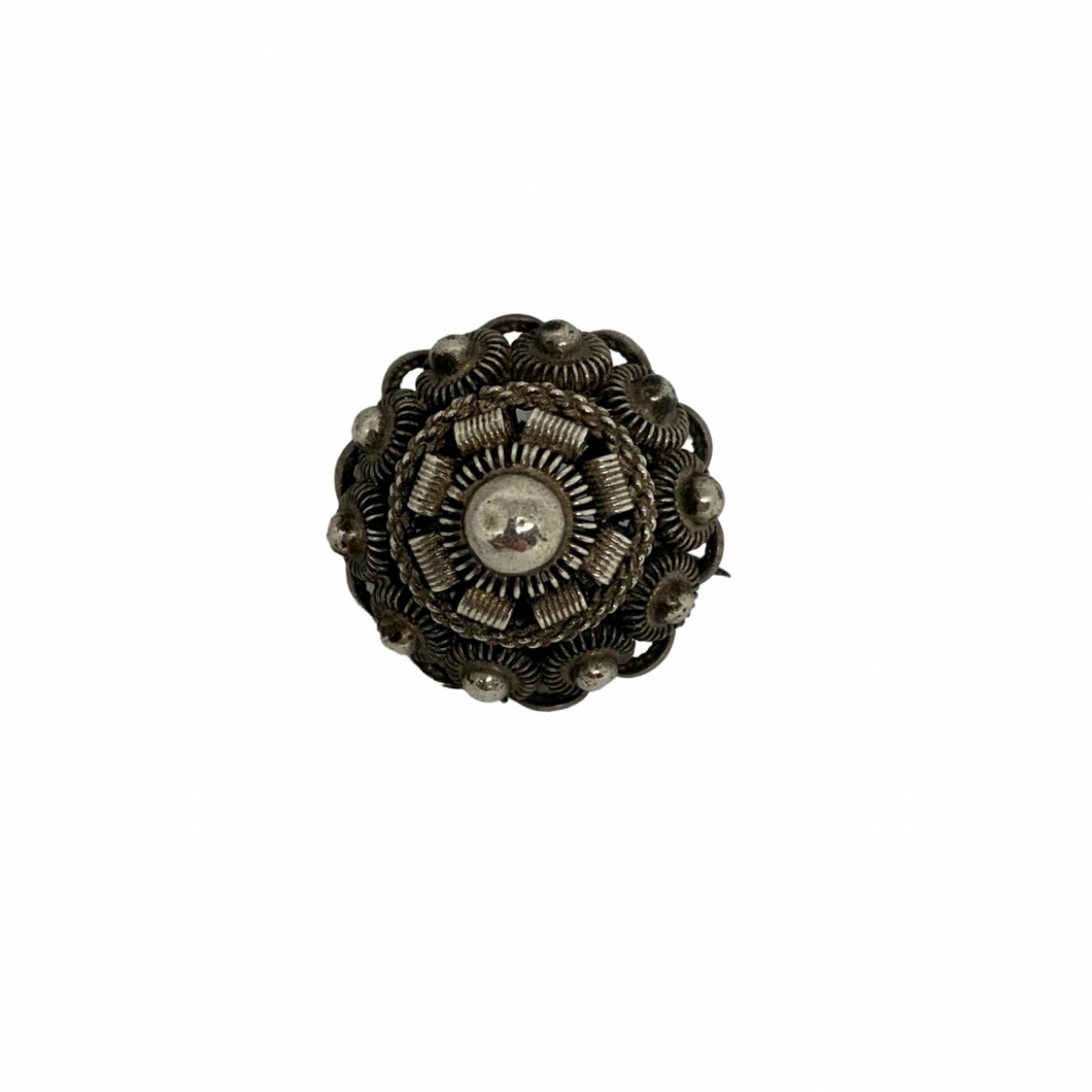 Antique Vintage Victorian Small Solid Silver Circular Silver Bead Cabochon Filigree Brooch Pin