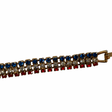 Load image into Gallery viewer, Vintage Jewelry Sparkling Red White ( Clear ) Blue Rhinestone Gold Tone Patriotic American Flag Bracelet
