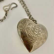 Load image into Gallery viewer, Vintage Silver Tone Floral Flower Filigree Heavy Etched Heart Pendant and Chain
