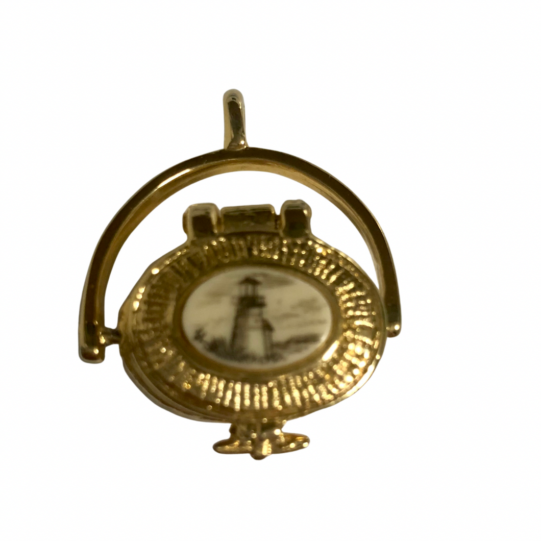 Vintage Gold Tone Alan Luiz Nantucket Etched Lighthouse Portrait Basket (opens) Necklace Pendant