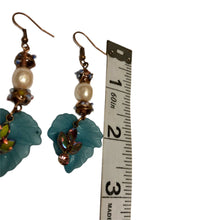 Load image into Gallery viewer, Handmade by Rose Teal Leaf Vintage Baroque Glass Pearl and Purple Venetian Wedding Cake Floral Beaded Copper AB Charm Dangle Earrings
