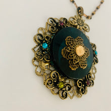 Load image into Gallery viewer, Vintage Brass Tone Dark Green Lucite Disc Brass Flower Filigree Bead Rhinestone Necklace
