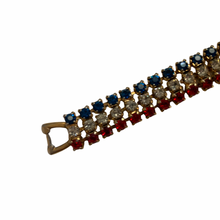 Load image into Gallery viewer, Vintage Jewelry Sparkling Red White ( Clear ) Blue Rhinestone Gold Tone Patriotic American Flag Bracelet
