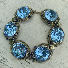 Load image into Gallery viewer, Vintage Brass Tone Filigree Faux London Blue Topaz Sparkling Large Cabochons Bracelet
