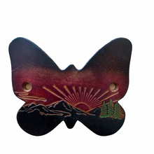 Load image into Gallery viewer, 1970s Vintage Brown Leather Mountain Sunrise Painted Butterfly Pony Tail Bun Holder Chopstick
