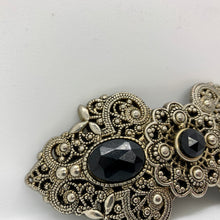 Load image into Gallery viewer, Vintage Metal Hair Barrette Faux Silver Filigree Faux Onyx Plastic Gemstones
