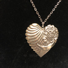 Load image into Gallery viewer, Handmade by Rose, Vintage Silver Plated 1970’s Brass Ribbed Victorian Style Floral Heart Pendant Necklace
