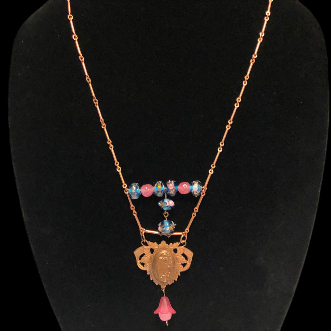 Handmade by Rose Art Nouveau Style Lady Pendant Copper Necklace Pink Haskell Blue Venetian Floral Beads