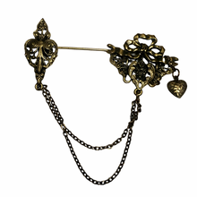 Load image into Gallery viewer, Vintage Jewelry Antiquated Victorian Revival Style Floral Heart Bow Chain Brass tone Stick Pin Brooch
