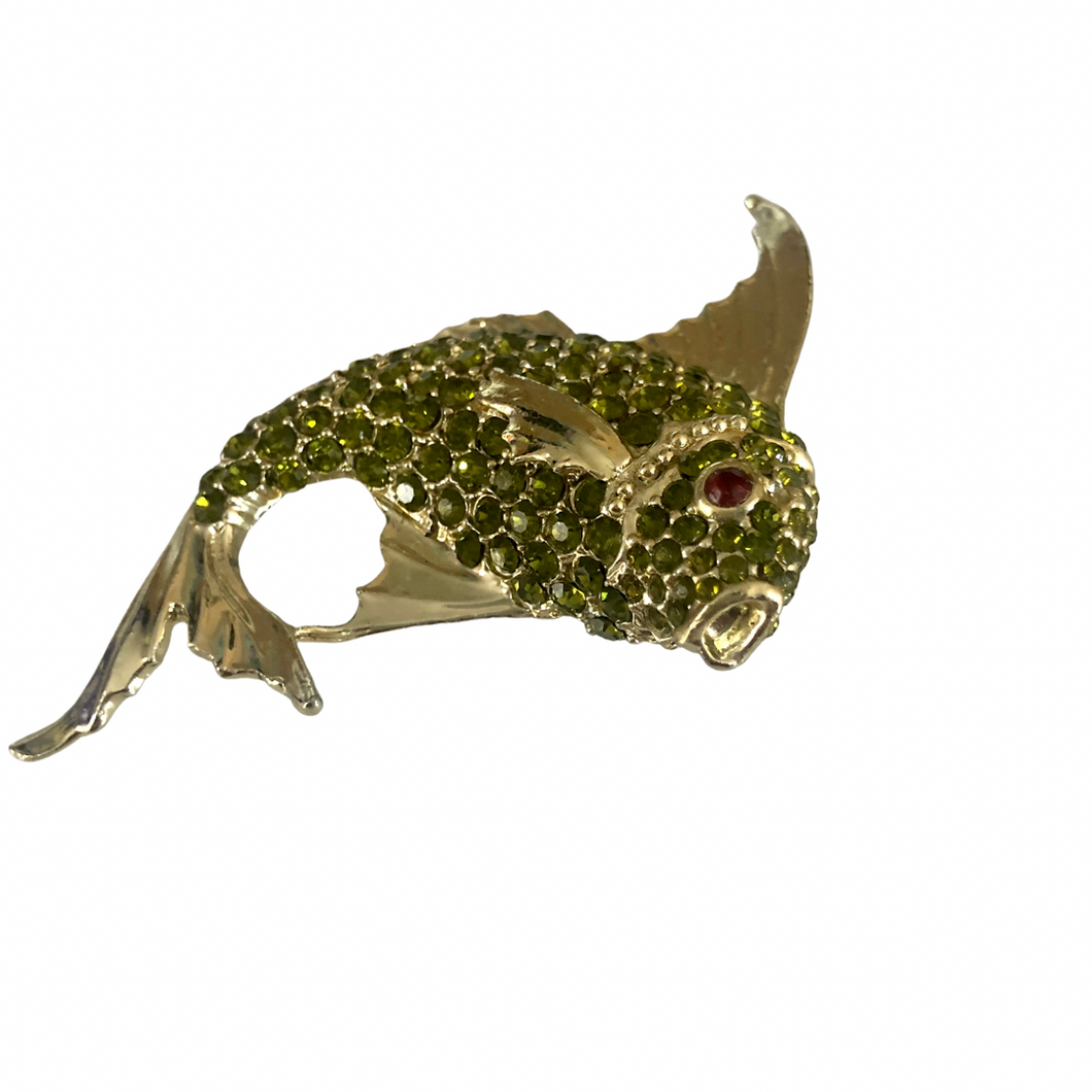 Vintage Jewelry Large Peridot Green and Ruby Red Tone Rhinestone Gold Tone Fish Brooch Pin