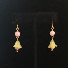 Load image into Gallery viewer, Handmade by Rose, Vintage Beads Yellow Pink Bell Flower Haskell Bead Pastel Gold Dangle Earrings
