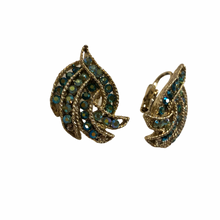 Load image into Gallery viewer, Vintage Jewelry Green Blue Aurora Borealis Crystal Rhinestone Gold Tone Clip on Earrings
