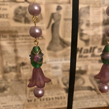 Load image into Gallery viewer, Handmade by Rose, Purple Lucite Bell Flower Pearl Dangle Vintage Venetian Green Floral Wedding Cake Bead Gold Earrings
