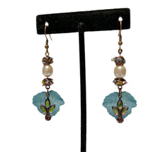 Load image into Gallery viewer, Handmade by Rose Teal Leaf Vintage Baroque Glass Pearl and Purple Venetian Wedding Cake Floral Beaded Copper AB Charm Dangle Earrings
