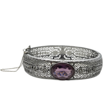 Load image into Gallery viewer, Antique Art Deco Silver Mesh Filigree Heart Motif Amethyst Gemstone Cabochon Bangle Bracelet with Safety Chain
