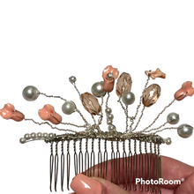 Load image into Gallery viewer, Handmade by Rose Pink Italian Branch Coral Reef Calla Lilly Flower Peach Crystal Faux Pearl Wedding Bridal Silver Hair Comb
