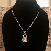 Load image into Gallery viewer, Handmade by Rose, Victorian Style Padlock Silver Pewter Bsue by 1928 Pendant on Handmade Vintage Chain
