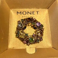 Load image into Gallery viewer, Vintage 1980’s Eighties Deadstock Gold Tone Wreath Circle Pastel Rhinestone Monet Brooch
