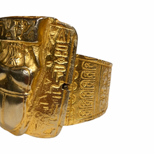 Load image into Gallery viewer, Vintage Jewelry Rare Egyptian Revival Heavy Gold Gilt and Silver Tone Scarab Beetle Hieroglyphic Hinged Cuff Bracelet
