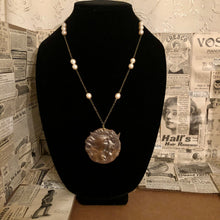 Load image into Gallery viewer, Handmade by Rose, Art Nouveau Style Faux Baroque Pearl Woman with Bird Brass Tone Pendant Necklace
