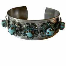 Load image into Gallery viewer, Vintage Middle Eastern Silver Tone Filigree Faux Turquoise Glass Bead Floral Metal Cuff Bracelet
