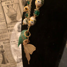 Load image into Gallery viewer, Handmade by Rose, Vintage Brass Butterfly Ceramic Sunflower Green Glass Leaves Beaded Gold Tone Necklace
