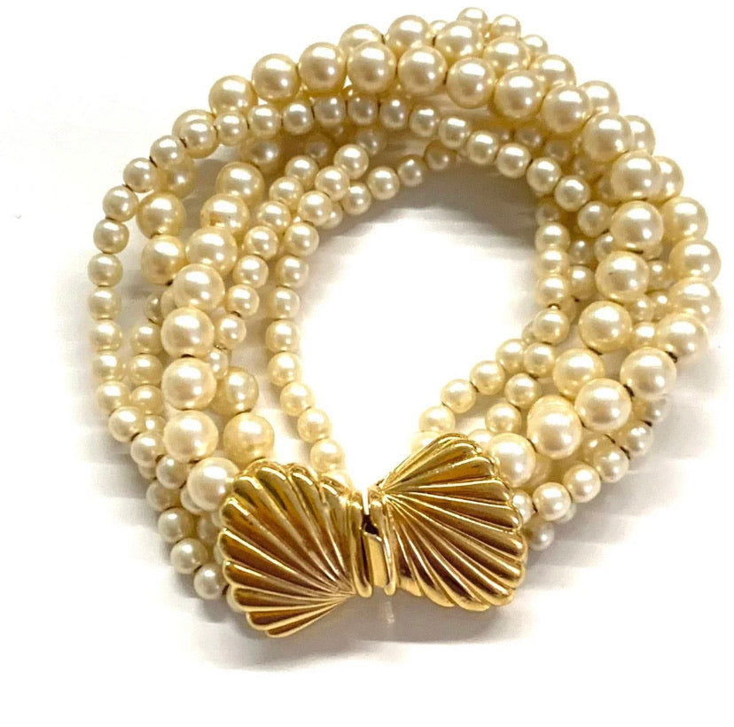 Vintage Crown Trifari Rare Midcentury Faux Gold Seashell Bow Multistrand Pearl Bracelet