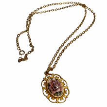 Load image into Gallery viewer, Vintage Jewelry Gold Tone Openwork Filigree Mauve Rose Floral Flower Pendant Necklace
