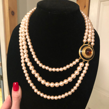 Load image into Gallery viewer, Vintage Jewelry Signed Richelieu Graduated Multistrand Faux Pearl Gold Onyx Tone Faux Amber Pendant Necklace
