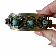 Load image into Gallery viewer, Vintage Middle Eastern Silver Tone Filigree Faux Turquoise Glass Bead Floral Metal Cuff Bracelet
