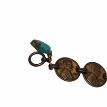 Load image into Gallery viewer, Vintage Jewelry Artisan Handmade US Money Coin Copper Penny Bracelet with Faux Turquoise Accent
