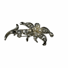 Load image into Gallery viewer, Vintage Jewelry Silver Tone Floral Flower Faux Pearl and Rhinestone Brooch Pin
