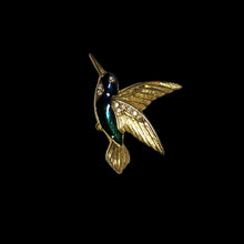 Load image into Gallery viewer, Vintage Jewelry Blue and Green Sparkling Enamel Rhinestone Hummingbird Gold Bird Brooch Pin
